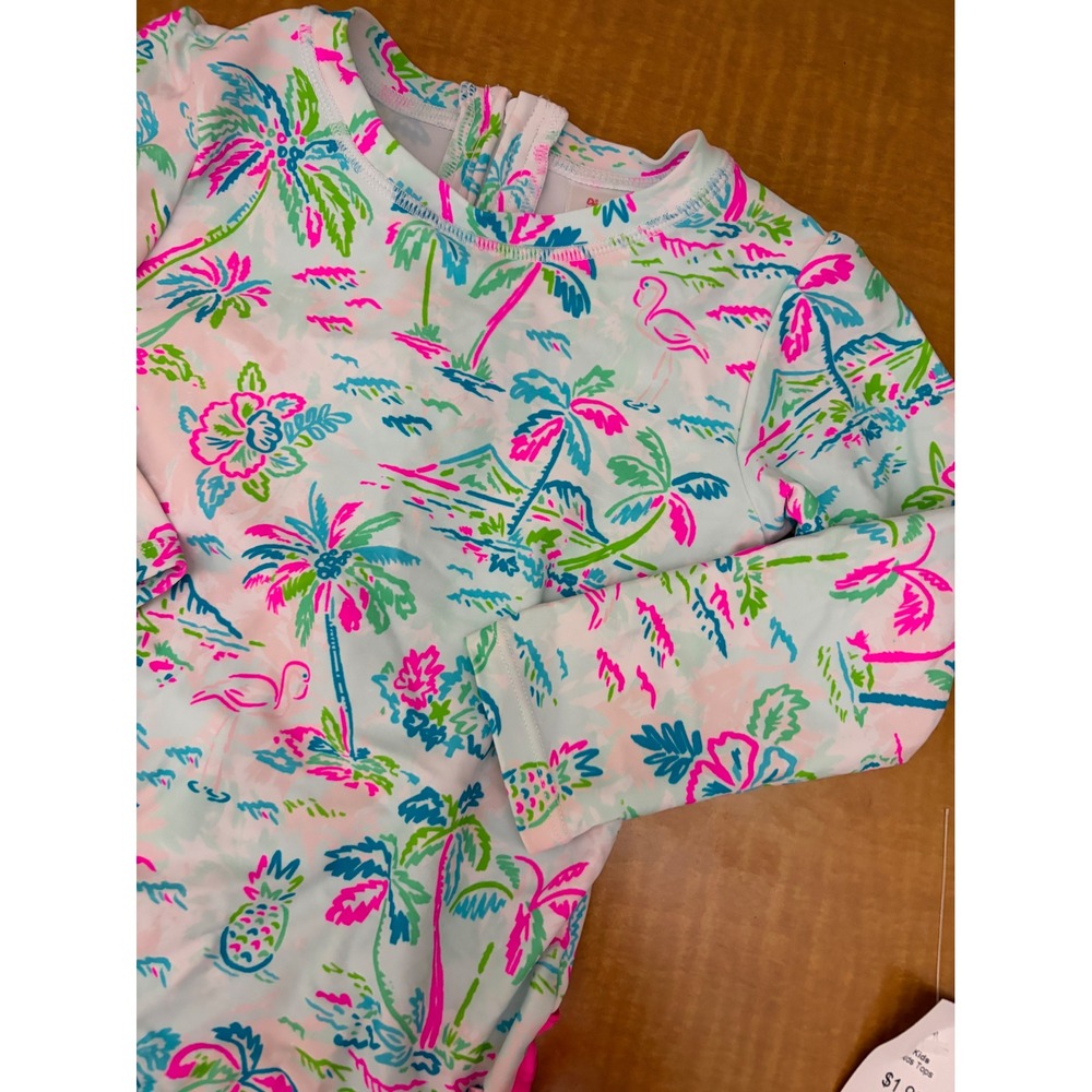 RuffleButts Girls 3T Tropical Palm Flamingo Long Sleeve Rash Guard Swimsuit